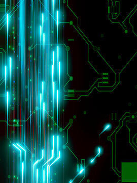 Abstract digital background featuring glowing cyan light streaks over a green circuit board