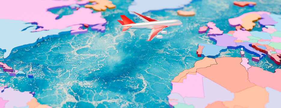 A miniature airplane flying over a colorful 3D world map representing global travel and logistics