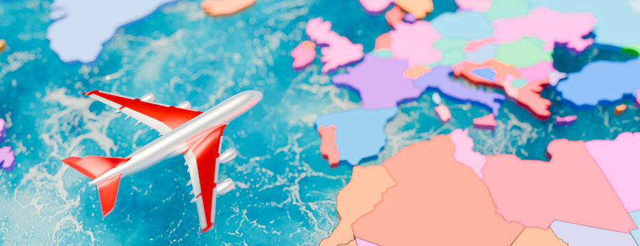 A miniature airplane flying over a colorful 3D map representing global travel and connectivity