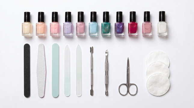 Pastel nail polishes, files, cuticle tools, scissors and cotton pads laid out flat