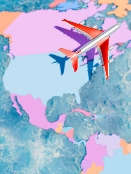 A red and silver toy airplane flying over a colorful stylized map of North America and Mexico