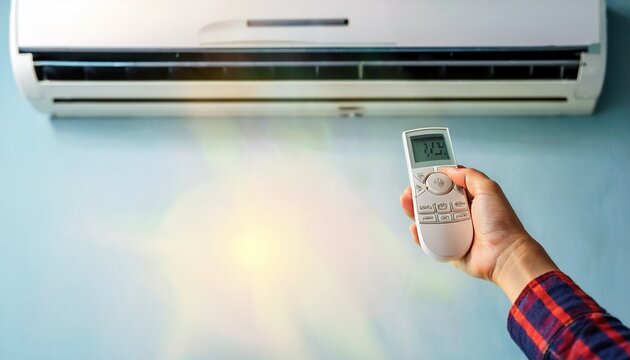 hand adjusting temperature on air conditioner with remote control working air conditioner for comfort temperature in home at hot summer
