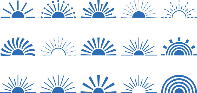 Minimalist sunburst vector icons set, blue sunrise and sunset graphic elements, abstract sun symbols collection for logo design