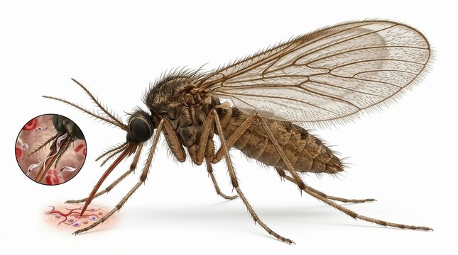 Macro illustration of a sandfly biting human skin with inset showing Leishmania parasite transmission