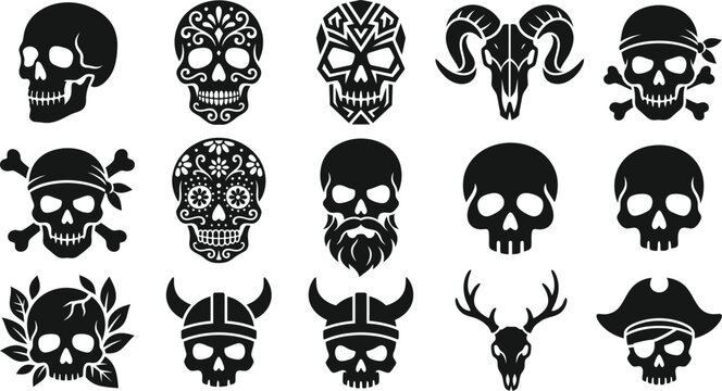 Skull vector icons set, black graphic skull silhouettes, pirate and sugar skull emblem collection for tattoo design