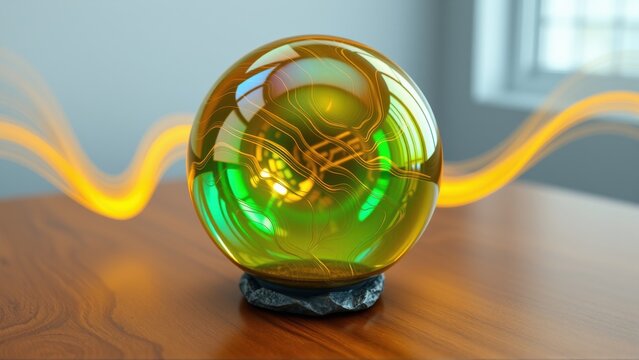 Glowing orb rests upon base. Light swirls around sphere, creating vibrant reflections. Wooden surface provides warm contrast.
