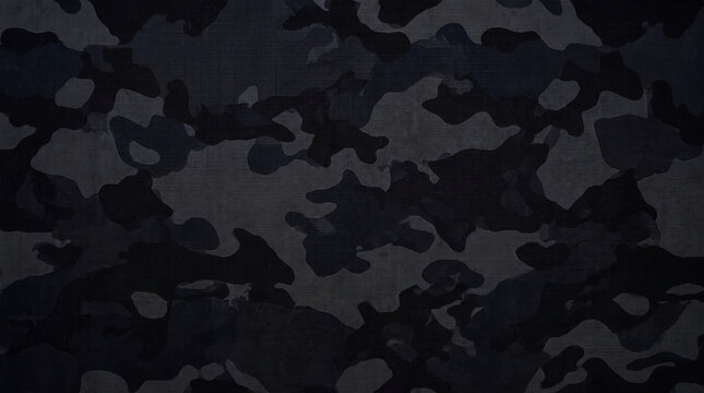 Black tactical military camouflage pattern on woven fabric texture