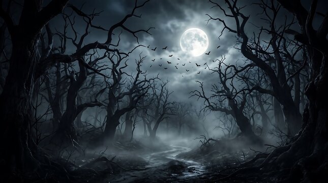 Misty spooky forest with bare twisted trees, glowing full moon and flying bat silhouettes at night, cinematic Halloween background