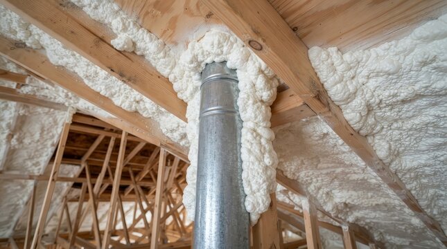 Professional spray foam insulation on wooden roof rafters and a metal vent pipe in an attic.