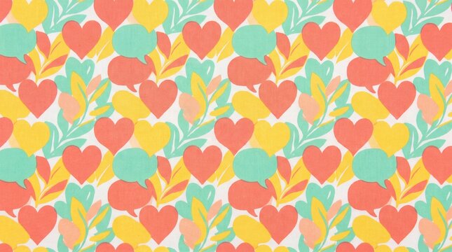 pattern creation, a vibrant pattern of hearts, leaves, and speech bubbles in coral, mint, and yellow