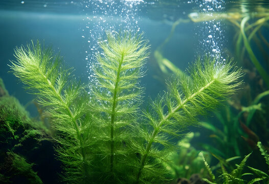 Aquatic ecosystem and oxygenation, green water plants with rising air bubbles in a freshwater aquarium environment for nature and biology research
