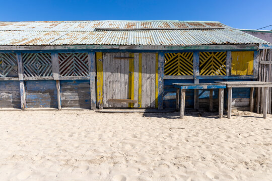 Wooden beach hut with patterned shutters, Belo sur Mer, Madagascar