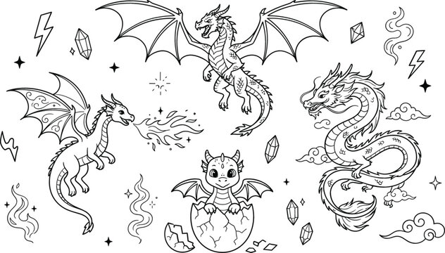 Vector line art cartoon set of mythical dragons baby hatching from egg fire breathing eastern creature and crystals