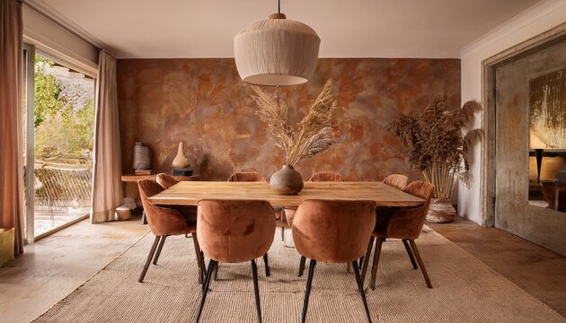 warm earthy dining space handcrafted travertine dining table with fluted base upholstered boucle chairs in warm rust tones sculptural clay accent wall