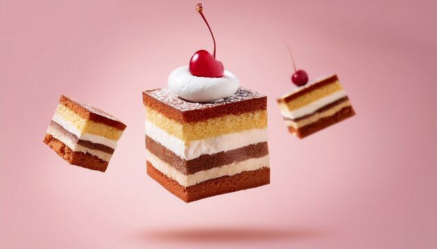 a clean detailed studio photo of layered cake slices with whipped cream and cherry flying in the air on pastel gradient background food ingredient levitation