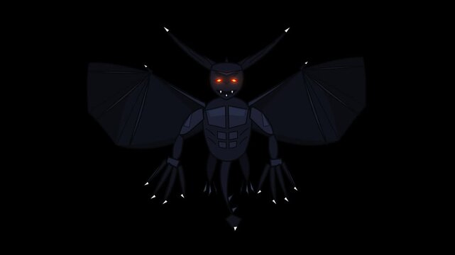 Dark robotic winged creature with glowing eyes flying on black background