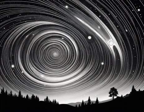 a black and white line drawing of the milky way focusing on its spiral structure with radiant star clusters