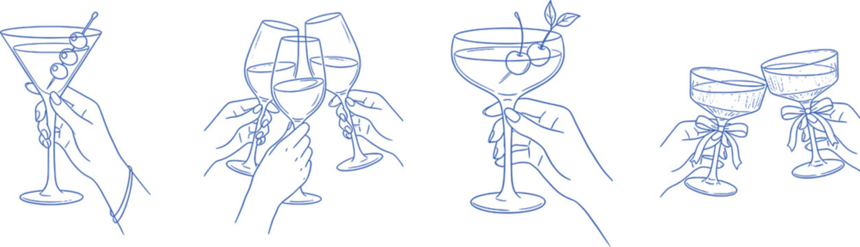 Hands toasting with cocktail glasses in celebratory moments with cherries and garnish during a party