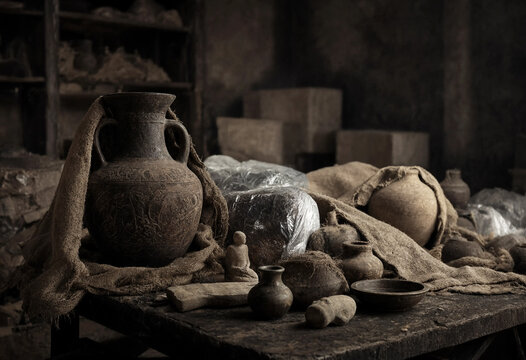 Ancient pottery vessels, cloth sacks, and wrapped objects arranged on a dark rustic worktable in a dim storage room, creating an archaeological atmosphere.