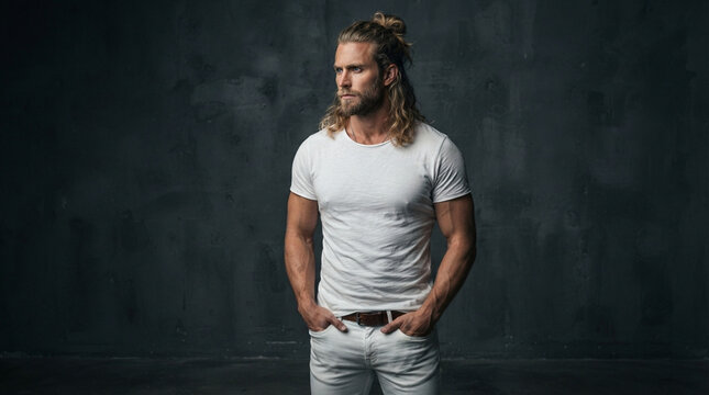 Muscular man with long blonde hair posing in white casual clothing