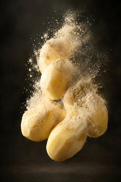 Flying peeled potatoes with exploding flour or starch powder on dark background