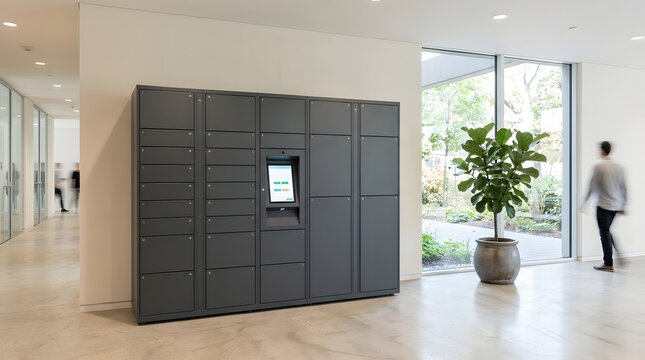 Modern automated parcel locker system with digital touchscreen interface installed in a bright contemporary office lobby for secure package delivery and self-service pickup.