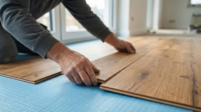 Professional installation of wood laminate flooring boards over blue protective underlayment.