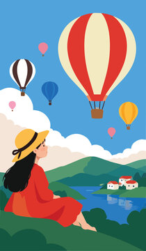 Girl in orange dress and straw hat sitting on hill watching hot air balloons over lake and village vector illustration