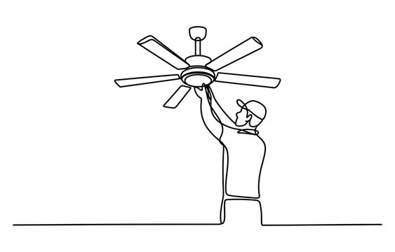 Continuous line drawing of a handyman electrician repairing a ceiling fan in a home
