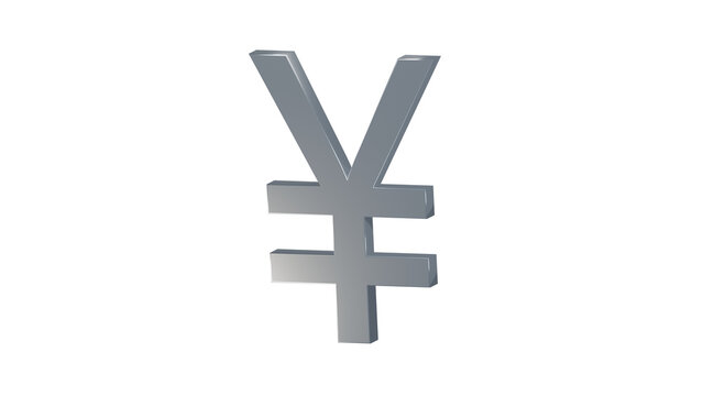 Silver chrome Japanese Yen currency symbol with polished metallic finish, isolated on a transparent background. Financial sign, 3D illustration.