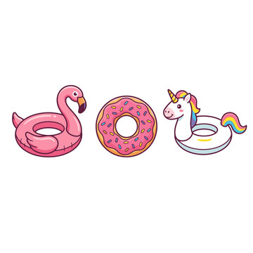 A cute, cartoon-style illustration featuring a pink flamingo pool float, a pink frosted donut with sprinkles, and a white unicorn float with a rainbow mane
