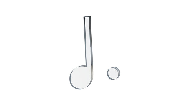 Dotted quarter note symbol made of clear reflective glass, isolated on a transparent background. Musical notation sign, 3D illustration.