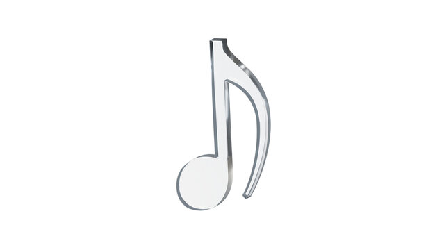 Eighth note quaver made of clear reflective glass, isolated on a transparent background. Musical notation symbol, 3D illustration.