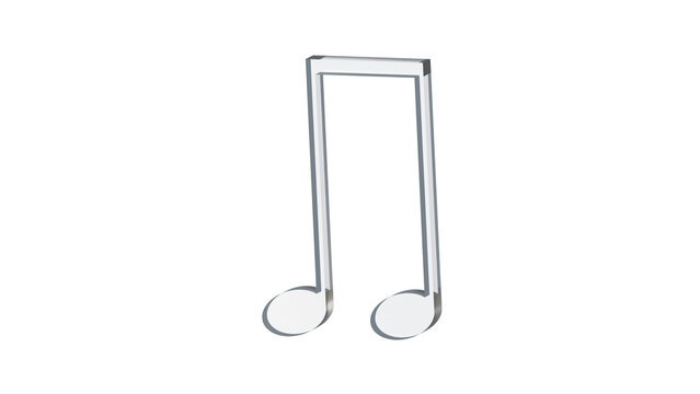 Beamed pair of eighth notes made of clear reflective glass, isolated on a transparent background. Musical notation symbol, 3D illustration.