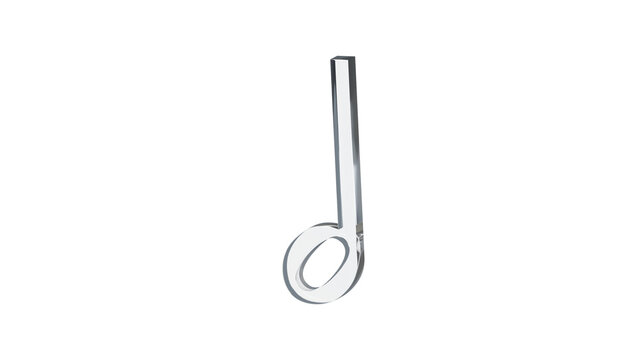 Half note minim musical sign made of clear reflective glass, isolated on a transparent background. Musical notation symbol, 3D illustration.