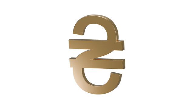 Golden Ukrainian Hryvnia currency symbol with polished metallic texture, isolated on a transparent background. Financial sign, 3D illustration.