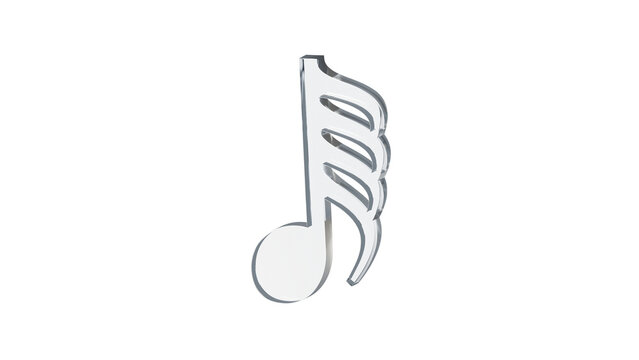 Sixty-fourth note hemidemisemiquaver made of clear reflective glass, isolated on a transparent background. Musical notation symbol, 3D illustration.