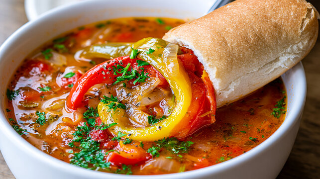 Bowl of rustic vegetable soup with roasted bell pepper and crusty bread