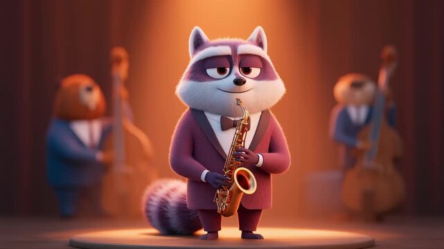 Charming cartoon raccoon in a tuxedo playing a golden saxophone solo during a live jazz concert, with a warm spotlight shining on him and the band performing in the background