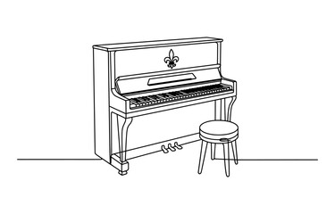 Simple line art drawing of an upright piano with a stool and a decorative fleur de lis symbol on the front panel for musical design projects © Explore Store