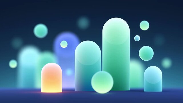 Serene animated background featuring colorful rounded cylinders and floating spheres, with a distinctive orange object pulsating and glowing brightly amidst the tranquil blue and green shapes