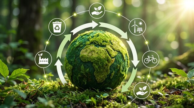 Circular Economy Globe with Recycling Arrows and Sustainability Icons Representing Closed Loop Resource Management