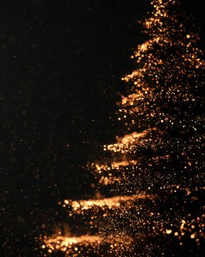 Golden christmas tree made of bokeh lights on black background