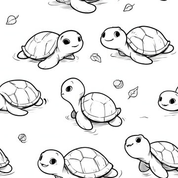 Cute Baby Turtle Seamless Pattern, Hand-Drawn Black and White Line Art