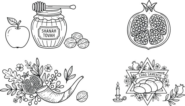 Vector line art doodle icon set of Rosh Hashanah jewish holiday shofar shanah tovah honey apple and pomegranate