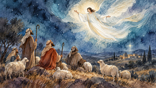 Angel announces Christs birth to shepherds beneath a starry sky. Nativity story and Christmas gospel. Biblical illustration of the Annunciation to the shepherds. Watercolor religious art