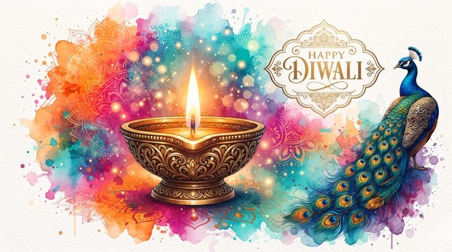 Happy Diwali Watercolor Greeting Card with Ornate Brass Diya and Elegant Peacock
