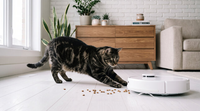 Tabby cat stretching on the floor next to a robot vacuum cleaner and pet food kibbles