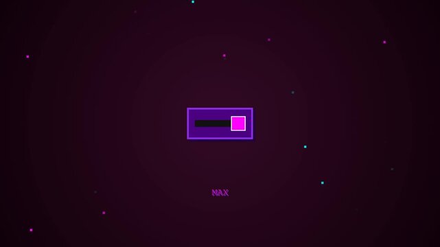 Retro futuristic neon sliders shifting between low and max settings against a dark starry cosmic background. Ideal for gaming UI or tech interface motion graphics.