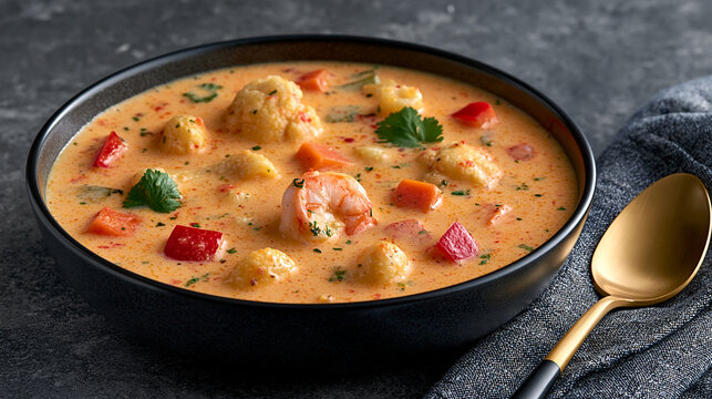 Seafood chowder with shrimp and vegetables in a black bowl with a gold spoon